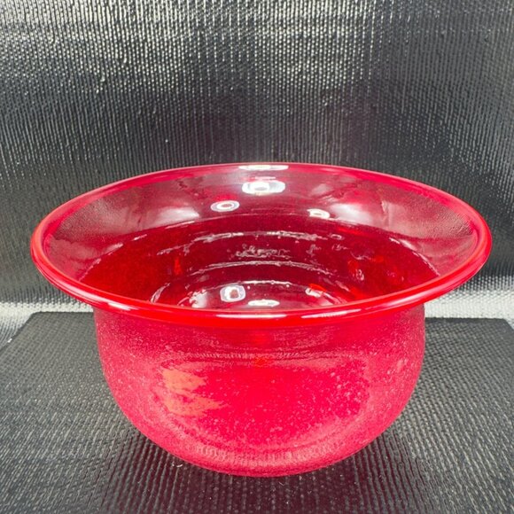 Vintage Art Glass Red Dish Bowl With White Textured Air Bubbles On Bottom Bowl - Picture 8 of 9